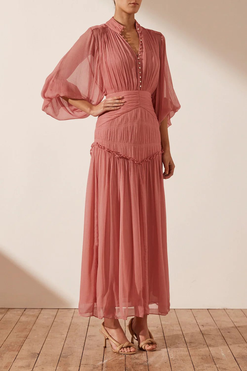 SHONA JOY - LAUREN BUTTON UP RUCHED MIDI DRESS - BLUSH