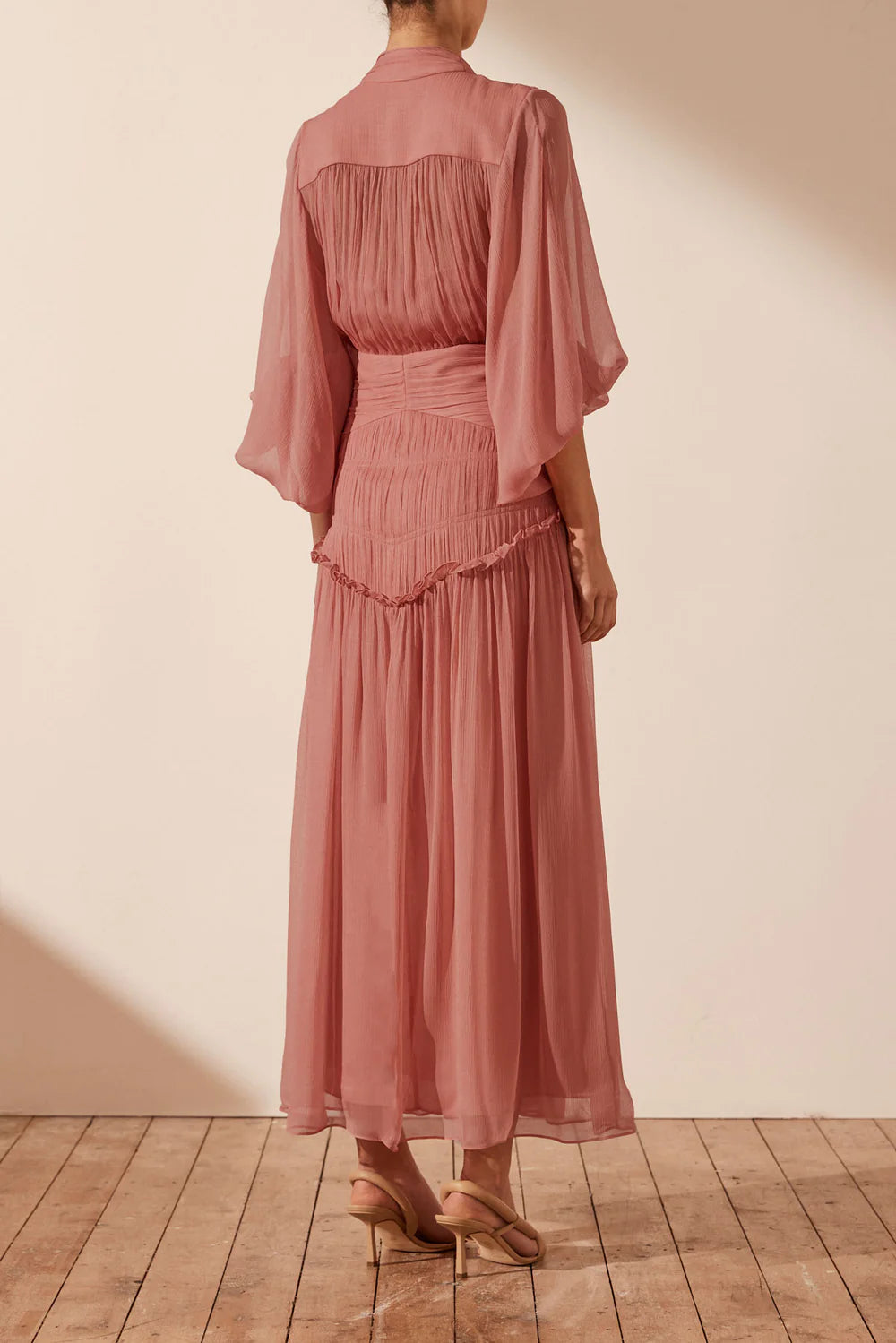 SHONA JOY - LAUREN BUTTON UP RUCHED MIDI DRESS - BLUSH