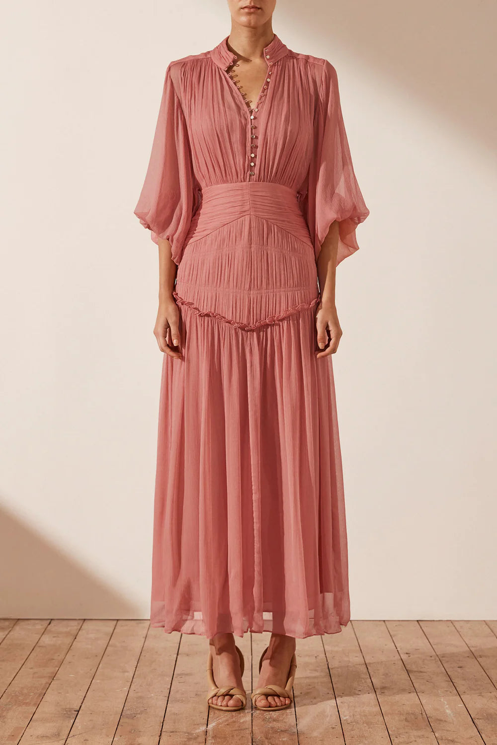 SHONA JOY - LAUREN BUTTON UP RUCHED MIDI DRESS - BLUSH