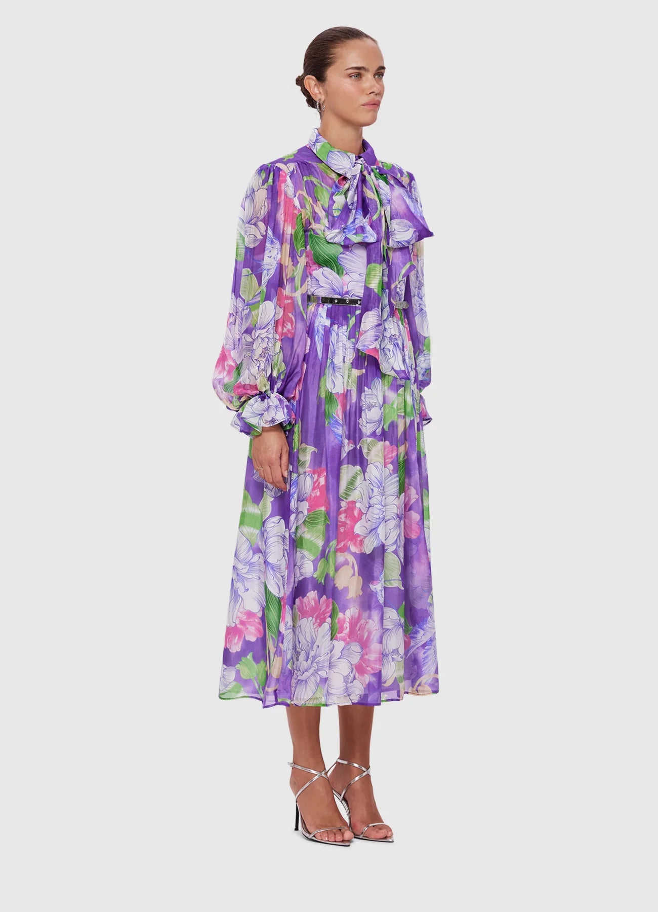 LEO LIN - CASSIE TIE NECK MIDI DRESS - SWALLOW PRINT IN SERENITY